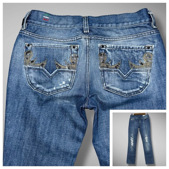 Diesel Jeans Womens 27x31 Liv Low Rise Slim Straight Sequin Embellished Hemmed - Picture 1 of 13